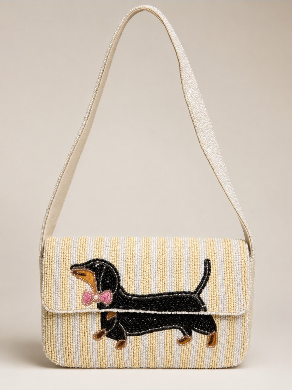 Dachshund White and Yellow Stripe Beaded Shoulder Bag